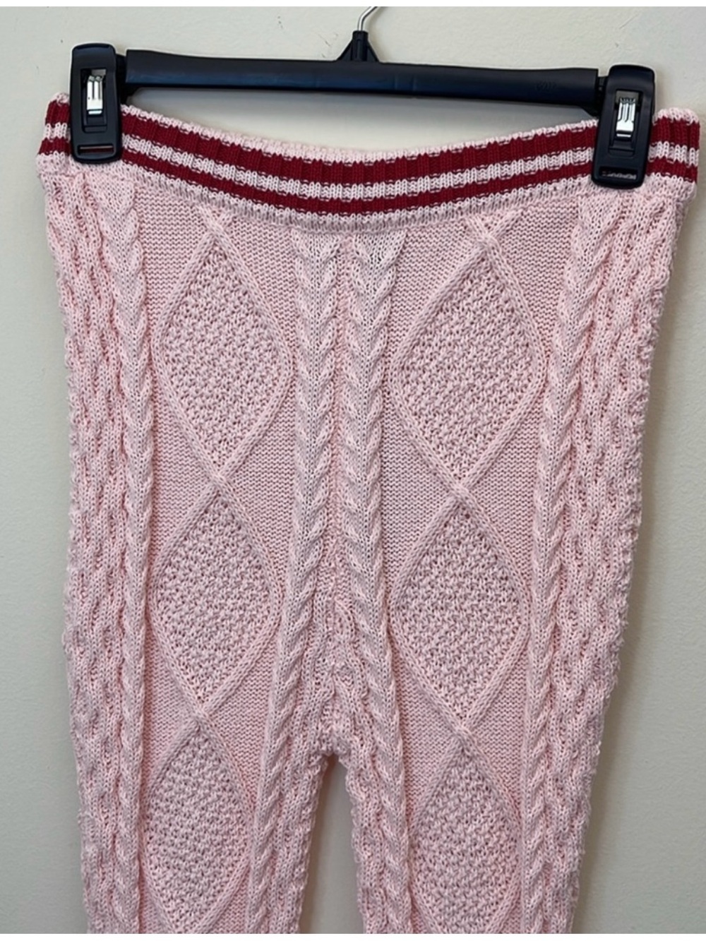 Paper moon Knit Pink High-Waist Pants with Burgundy Striped Waistband